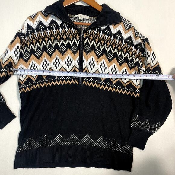 LOFT Fair Isle Half-Zip Sweater Black White Tan Knit -‎ Size L - Picture 6 of 7